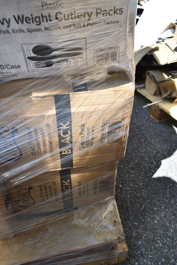 PALLET LOT of 29 BRAND NEW Boxes Including 3 Box 127P2C Choice 2 oz Portion Cups, 5002DNAPBLK Choice 15" x 17" Black Customizable 2-Ply Paper Dinner Napkin - 1000/Case, 130BKFKSNSPH Choice Black Heavy Weight Wrapped Plastic Cutlery Pack with Napkin and Salt and Pepper Packets - 500/Case, 129MCR333CB Choice 33 oz. Black 9" Round 3-Compartment Microwavable Heavy Weight Container with Lid - 150/Case, 128HD8COMBO Choice Heavy Duty 8 oz. Microwavable Translucent Plastic Deli Container and Lid Combo Pack - 240/Case, 485UPJ7BLSTR EcoChoice 7 3/4" Blue Stripe Jumbo Unwrapped Paper Straw - 4800/Case, 128HD8BULK Choice Heavy Duty 8 oz. Microwavable Translucent Plastic Deli Container - 480/Case, 2 Box 129MCS28B Choice 28 oz. Black Rectangular Microwavable Heavy Weight Container with Lid 8 3/4" x 6 1/4" x 1 3/4" - 150/Case, 127P250B Choice 2.5 oz. Black Plastic Souffle Cup / Portion Cup - 2500/Case, 130WHSPOONH Spoons. 29 Times Your Bid!  - Image 10 of 12