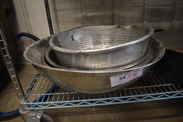 ALL ONE MONEY! Lot of Metal Colander and 3 Various Metal Bowls. Includes 22x6x6