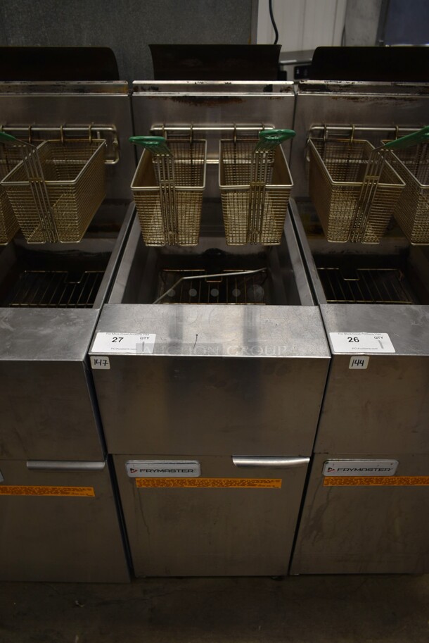 2021 Frymaster GF40SD Stainless Steel Commercial Floor Style Natural Gas Powered Deep Fat Fryer w/ 2 Metal Fry Baskets on Commercial Casters. 122,000 BTU. 
