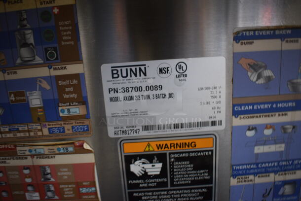 2014 Bunn Model AXIOM 2/2 TWIN Stainless Steel Commercial Countertop 4 Burner Coffee Machine. 120/208-240 Volts, 1 Phase. 16x18x19 - Image 4 of 7