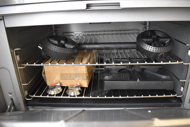 BRAND NEW! CPG Model 351S36N Stainless Steel Commercial Natural Gas Powered 6 Burner Range w/ Oven. Comes w/ Backsplash, Over Shelf, Extra Grate, 2 Extra Burners and 2 Extra Knobs. Stock Picture Used For Gallery. 36x31x31 - Image 6 of 12