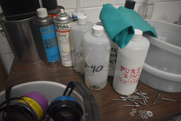 Black Metal Desk w/ Wood Pattern Desktop and Contents Including Bottles, Screws. Includes 30x60x30. BUYER MUST REMOVE. - Image 3 of 12