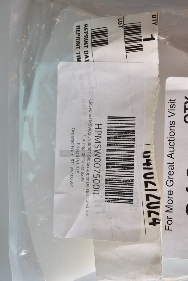 3 BRAND NEW SCRATCH AND DENT! Items; HPMSW0075000 Cleveland MSW00-7500001 Bld;Scrapper Do Not Substitute, HPKE546021 Cleveland KE54602-1 Scraper Blade Ha-Mkgl, HPDS2 Cleveland DS-2 Td2 Strainer; 3/16 Holes. 3 Times Your Bid! - Image 3 of 5