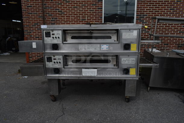2 Middleby Marshall PS570G Stainless Steel Commercial Natural Gas Powered Conveyor Pizza Oven on Commercial Casters. 170,000 BTU. 2 Times Your Bid!