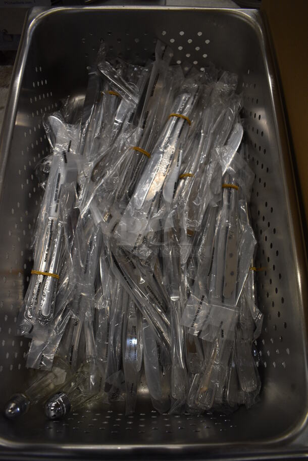 ALL ONE MONEY! Lot of BRAND NEW! Knives in Stainless Steel Perforated Full Size Drop In Bin. 1/1x6 - Image 1 of 5