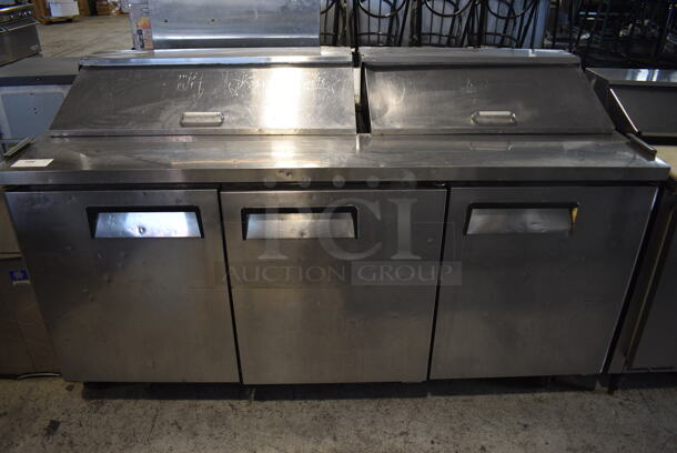 2014 Atosa MSF8304 Commercial Stainless Steel Electric Mega Top Sandwich/Salad Prep Table With 3 Door Refrigerated Base With Polycoated Rack On Commercial Casters. 115V, 1 Phase. Tested and Working!