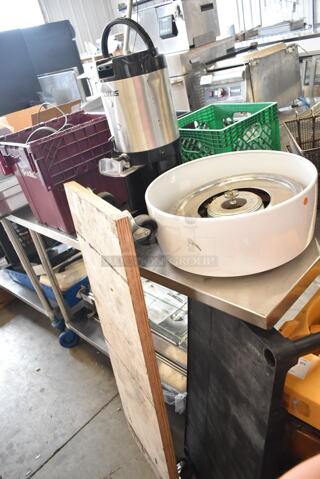 ALL ONE MONEY! Lot of Approximately 10 Items Including Luxus Hot Beverage Holder Dispenser, Commercial Casters, Metal Fry Baskets, Speedwell, Box of Brandy Snifter Glasses. Does Not Include Table. 