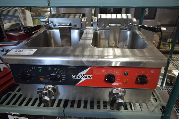 BRAND NEW SCRATCH AND DENT! 2023 Crosson EF-6V-2 Stainless Steel Commercial Countertop Electric Powered 2 Bay Fryer. 120 Volts, 1 Phase. 