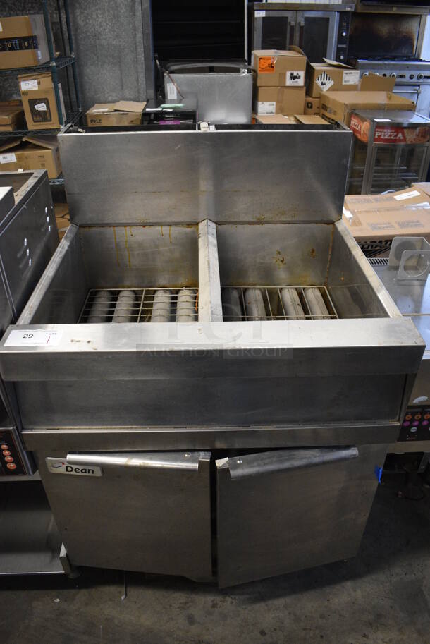 2013 Dean SCFSM250GN Stainless Steel Commercial Floor Style Natural Gas Powered 2 Bay Deep Fat Fryer w/ Filtration System on Commercial Casters. 120,000 BTU. 31x31x45