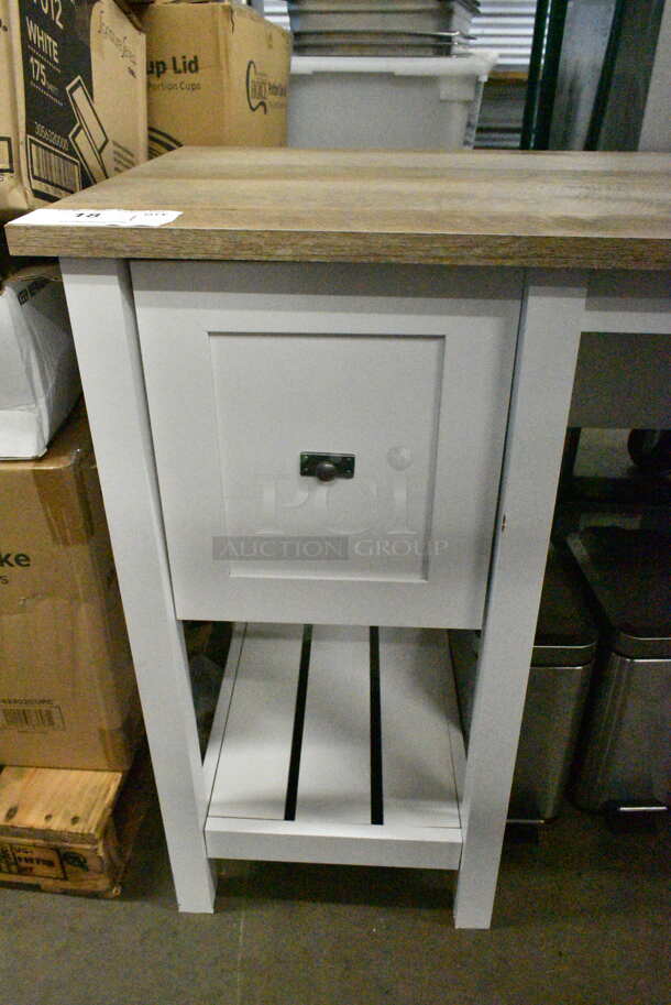 White Wood Pattern Counter w/ Wooden Countertop and 2 Drawers.  - Image 5 of 7