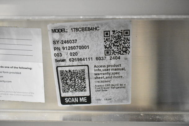BRAND NEW SCRATCH AND DENT! 2024 Avantco 178CBE84HC Stainless Steel Commercial 4 Drawer Chef Base on Commercial Casters. 115 Volts, 1 Phase. Tested and Working! - Image 9 of 9