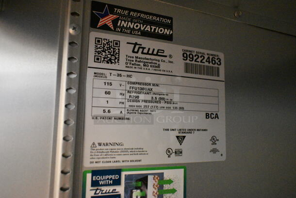 2020 True T-35 Stainless Steel Commercial 2 Door Reach In Cooler w/ Poly Coated Racks and Commercial Casters. 115 Volts, 1 Phase. Tested and Working! - Image 10 of 10