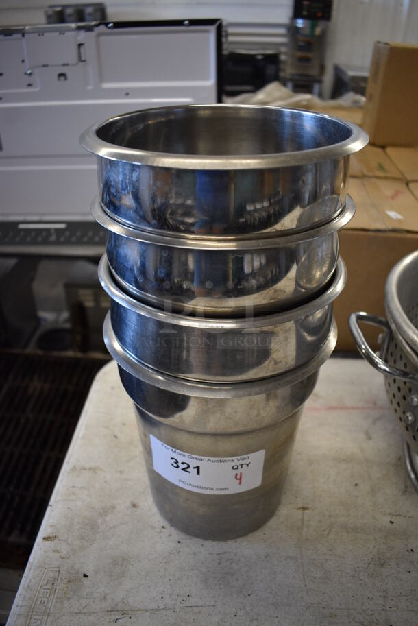 4 Stainless Steel Cylindrical Drop In Bins. 7.5x7.5x8.5. 4 Times Your Bid!