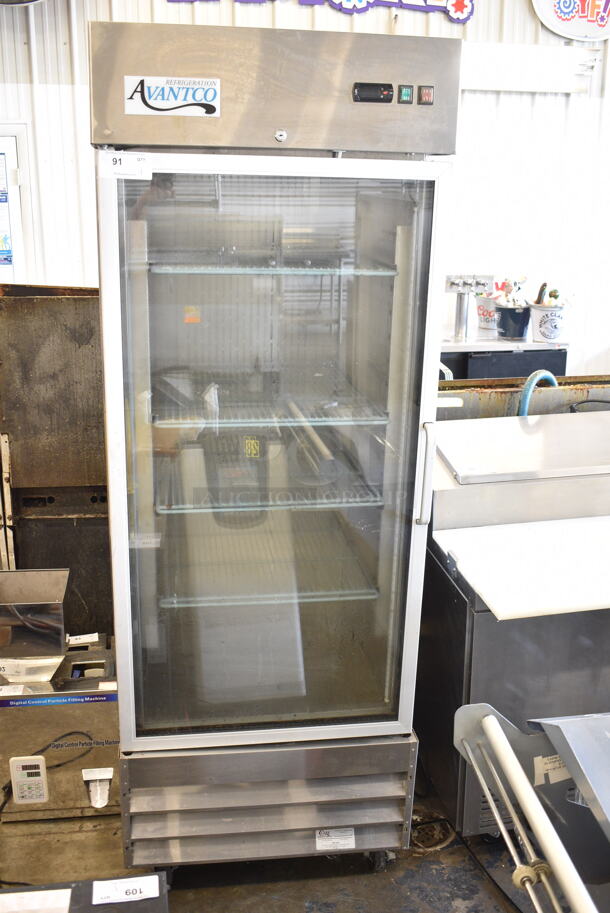 Avantco 178CFD1RRG Stainless Steel Commercial Single Door Reach In Cooler Merchandiser w/ Racks on Commercial Casters. 115 Volts, 1 Phase. Tested and Powers On But Does Not Get Cold
 - Image 1 of 4