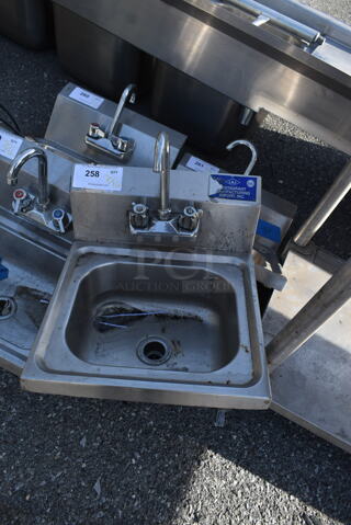 Stainless Steel Commercial Single Bay Wall Mount Sink w/ Faucet and Handles.