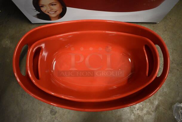BRAND NEW IN BOX! Set of 2 Red Ceramic Oven Safe Pans w/ Handles. 14x10x4, 11.5x7.5x1.5 - Image 3 of 4
