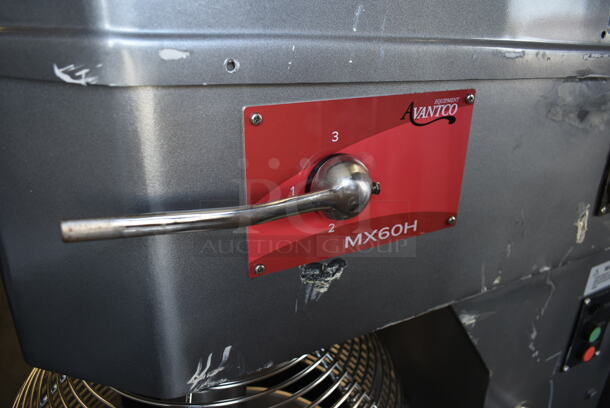 BRAND NEW SCRATCH AND DENT! Avantco MX60H Metal Commercial Floor Style 60 Quart Planetary Dough Mixer w/ Stainless Steel Mixing Bowl, Bowl Guard, Dough Hook, Paddle and Whisk Attachment. 240 Volts, 3 Phase.  - Image 4 of 12