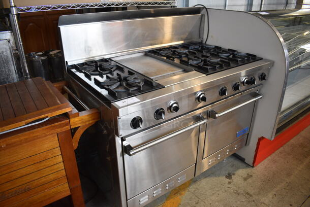 Viking Stainless Steel Commercial Natural Gas Powered 6 Burner Range w/ Center Flat Top Griddle, 2 Ovens and Backsplash. 48x30x50 - Image 2 of 8