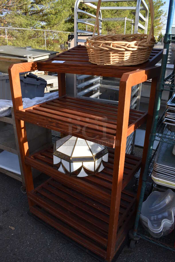 Wood Pattern 4 Tier Rack on Casters w/ Tiffany Style Lamp and Basket. 31.5x29x56 - Image 2 of 6