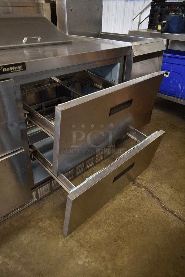 Delfield UCD4464N-12-DD5 Stainless Steel Commercial Sandwich Salad Prep Table Bain Marie Mega Top w/ 4 Drawers. 115 Volts, 1 Phase. Tested and Powers On But Does Not Get Cold - Image 7 of 8