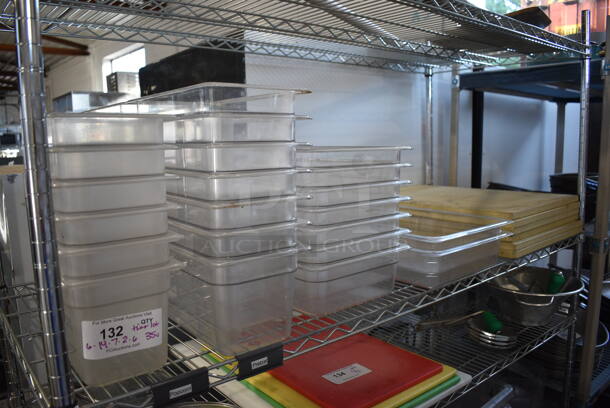 ALL ONE MONEY! Tier Lot of 35 Various Clear Poly Drop In Bins and Cutting Boards. 1/6x6, 1/3x6, 1/2x4, 1/1x4 18x24x1 