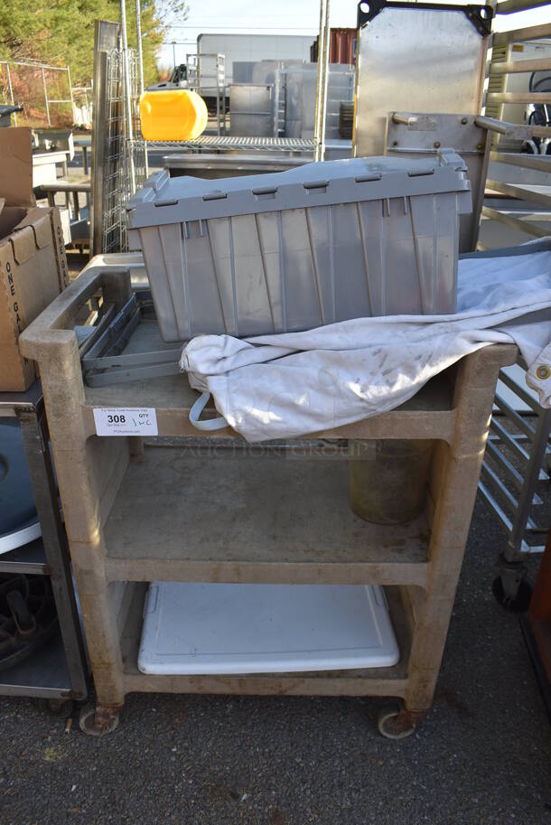 Tan Poly 3 Tier Cart w/ Push Handles on Commercial Casters. 31x18x37