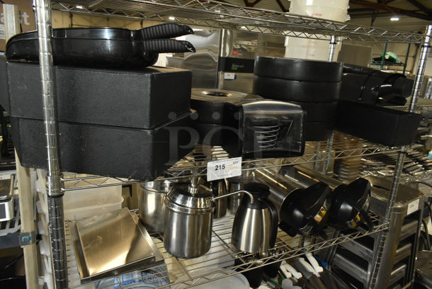 ALL ONE MONEY! Two Tier Lot of Various Items Including Tortilla Holders, Dust Pans, Stainless Steel Coffee Urns.