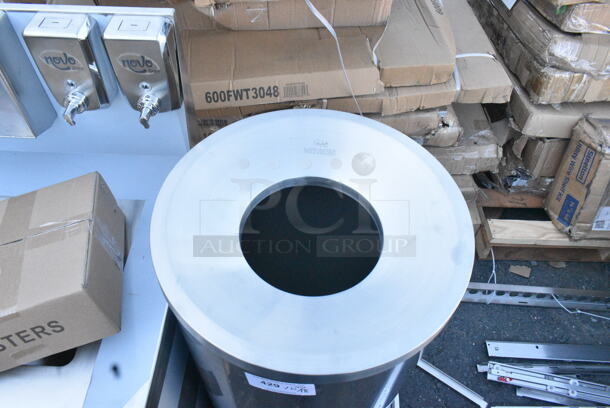 BRAND NEW SCRATCH AND DENT! Lancaster Table & Seating Stainless Steel Cylindrical Trash Can Shell.  - Image 3 of 4