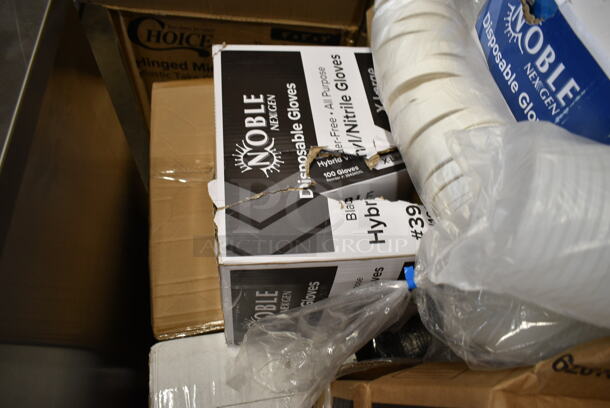PALLET LOT of 20 BRAND NEW Boxes Including 394345XL Noble NexGen Powder-Free Disposable Black Hybrid 3 Mil Thick Gloves XL, 760IC16WPA Choice 1 Pint White Paper Double-Wall Frozen Yogurt / Food Cup with Paper Lid, Choice 4 oz Portion Cups, 966UPWIDEKFT OneUp by Choice Kraft 2-Ply Wide Interfold 6 1/2" x 8 1/2" Dispenser Napkin - 6000/Case, 47RP7BKSS Visions Wave 7" Round Plates. 20 Times Your Bid!  - Image 9 of 9