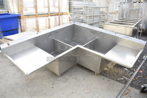 Stainless Steel Commercial L Shaped 3 Bay Sink w/ Dual Drain Board. No Legs. Bays 26x26x13, 18.5x21x13. Drain Boards 19.5x26 - Image 1 of 7