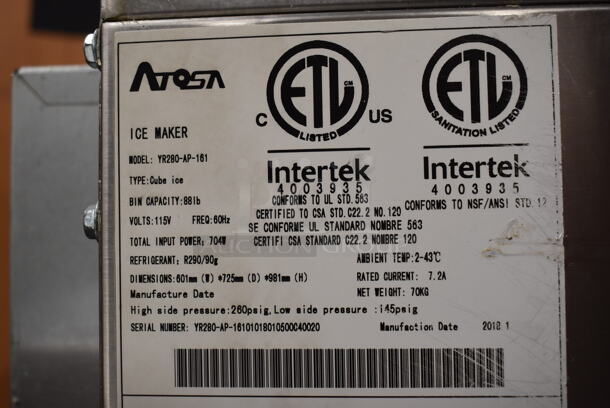 2018 Atosa YR280-AP-161 Stainless Steel Commercial Self Contained Undercounter Ice Machine. Missing Lid. 115 Volts, 1 Phase. 24x30x39 - Image 5 of 5