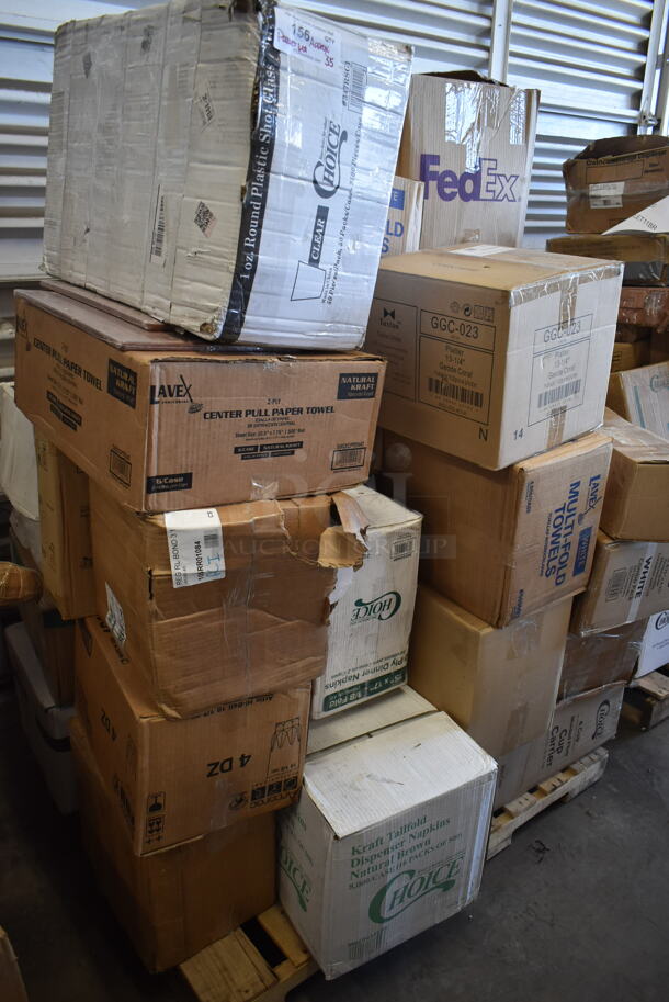 PALLET LOT of 35 BRAND NEW! Boxes Including 347RSG1 Choice 1 oz. Clear Plastic Shot Glass - 2500/Case, Lavex Multi-Fold Towels, GGC-023 Tuxton GGC-023 TuxTrendz Artisan Geode Coral 13 1/4" x 11" Oval China Platter - 12/Case, 5002CPTENAT Lavex 2-Ply Natural Kraft Center Pull Economy Paper Towel 510' Roll - 6/Case, 5002DNAP NAPKIN 15X16.53 2PLYWH 3M 5002DNAP CHOICE, 966TALLFLDN Choice Kraft Natural Tall-Fold 6" x 13" Dispenser Napkin - 8000/Case, Arcoroc Glasses, 3 Box Choice Black Hot Paper Cup Travel Lid with Hinged Tab for 10-24 oz. Standard Cups and 8 oz. Squat Cups - 1000/Case, HP1702623 Delfield 1702623 Gasket,Dr,400,Push-In, 105RR01084 Point Plus 3 1/4" x 243' Traditional Cash Register POS Paper Roll Tape - 48/Case, 433CARRIER4 Pulp Fiber 4 Cup Carrier - 300/Case. 35 Times Your Bid! - Image 1 of 7