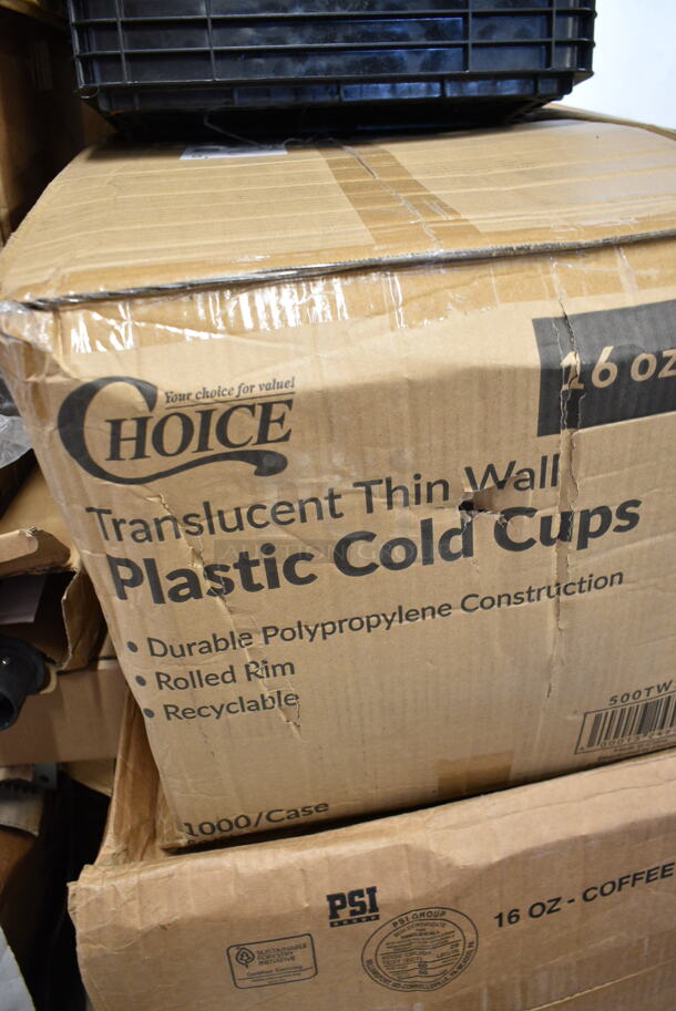 PALLET LOT of 27 BRAND NEW Boxes Including 130BKFSH Visions Wrapped Black Heavy Weight Plastic Cutlery Pack with Knife, Fork, and Spoon - 500/Case, Bell Marque Napkins, 5008W Choice 8 oz. Tall White Poly Paper Hot Cup - 1000/Case, 496STRPQ8W American Louver Company Stratus White Plaque Diffuser with 8" Neck STR-PQ-8W, 511CBG1218YL San Jamar CBG121812YL Saf-T-Grip® 18" x 12" x 1/2" Yellow Cutting Board with Hook, 130HBKCUTFW Visions Individually Wrapped Black Heavy Weight Plastic Fork - 1000/Case, 500CMFB83181C Take Out Containers, 500TO963 Choice 9" x 6" x 3" Microwaveable 1-Compartment Black / Clear Plastic Hinged Container - 100/Case, 2 Box 407MT1826WH Choice 18" x 26" White Bakery Display / Market Tray, 500TW Choice 16 oz. Translucent Thin Wall Squat Plastic Cold Cup - 1000/Case, 247FP124BK Vigor 1/2 Size Black Polycarbonate Food Pan - 4" Deep, 407CBP4GY Choice Gray 4-Compartment Plastic Cutlery Box / Flatware Bin with Handles, Solo 626TS Clear Flat Lid with Straw Slot - 1000/Case, CCS1800.CL Fineline CCS1800 Platter Pleasers 18" Clear Scalloped Plastic Catering Tray - 36/Case, 50016C Coffee Cups Printed, 500CC24HD 24 oz. Plastic Cold Cup - 600/Case. 27 Times Your Bid! - Image 10 of 12
