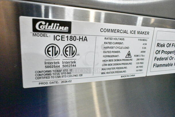 2024 Coldline ICE180-HA Stainless Steel Commercial Self Contained Undercounter Ice Machine. 115 Volts, 1 Phase.  - Image 6 of 6