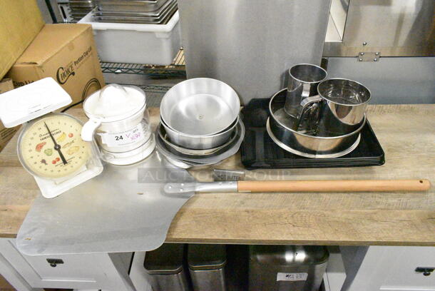 22 Items Including Metal Baking Pans, Scale, Manual Citrus Juicer, Mesh Racks, Sifters. 22 Times Your Bid!  - Image 1 of 12