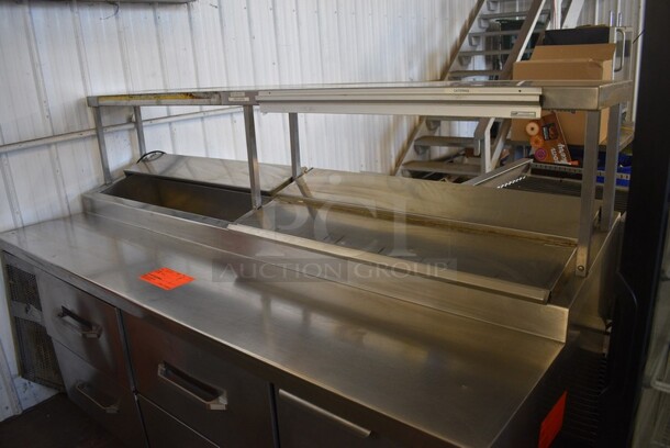Randell Stainless Steel Commercial Sandwich Salad Prep Table Bain Marie Mega Top w/ 1 Door, 4 Drawers, Overshelf and Ticket Holder on Commercial Casters. 89x35x56.5. Tested and Does Not Power On - Image 2 of 7