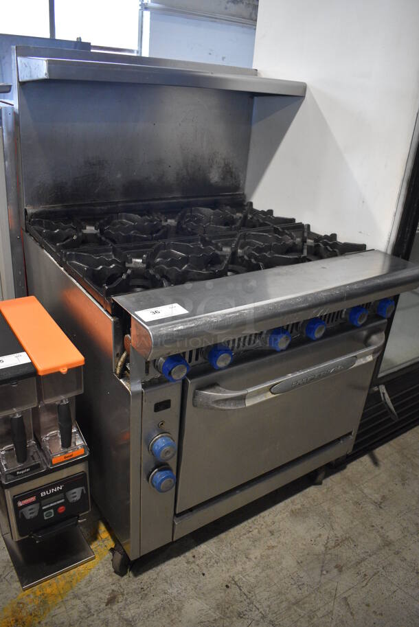 Imperial Stainless Steel Commercial Natural Gas Powered 6 Burner Range w/ Convection Oven, Over Shelf and Back Splash. 36x38x57 - Image 3 of 6