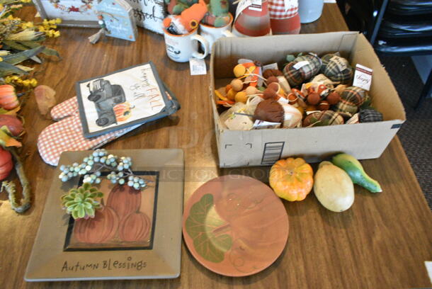 3 Wood Pattern Tables w/ Contents Including Decorations, Glasses. 3 Times Your Bid! (booth room)  - Image 3 of 11