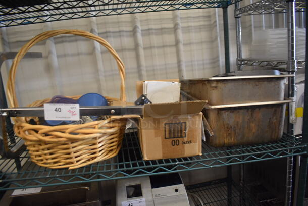 ALL ONE MONEY! Tier Lot Including Basket of Utensils, Stainless Steel Full Size Steam Table Pans and Box of Various Items Including New Breakers and More!