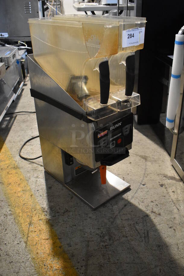 2010 Bunn MHG Stainless Steel Commercial Countertop 2 Hopper Coffee Bean Grinder w/ Metal Brew Basket. Missing Lids. See Pictures For Damage. 120 Volts, 1 Phase. Tested and Working! - Image 2 of 6