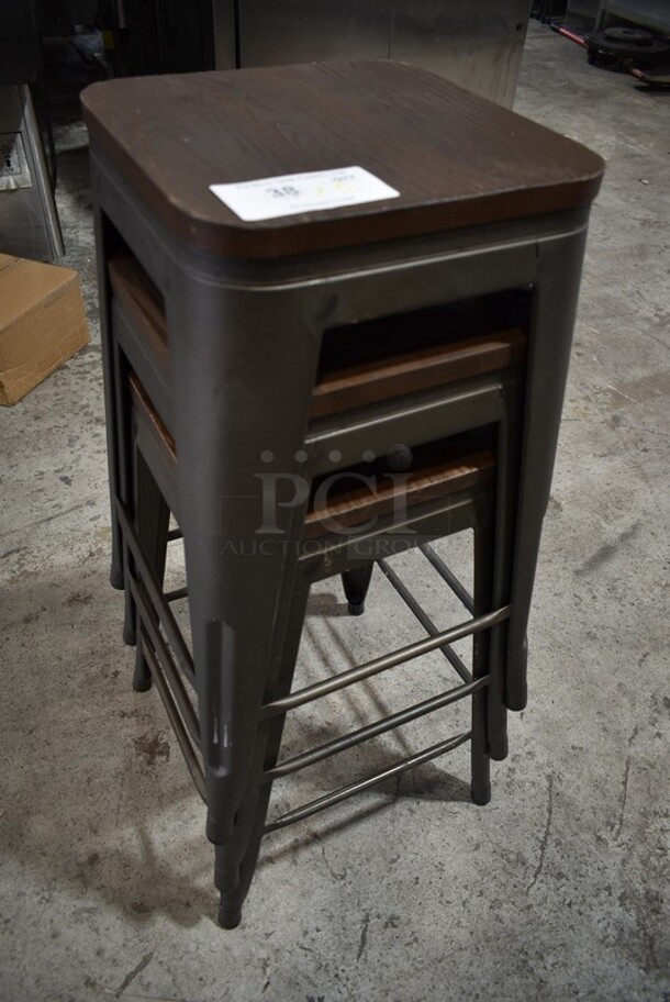 3 Metal Bar Height Stools w/ Wooden Seat. 3 Times Your Bid!