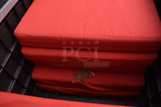 Wood Pattern Poly Chest w/ 8 Red Seat Cushions and 3 Pillows. 60.5x28.5x25.5 - Image 6 of 9