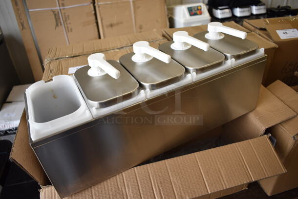 Servsense Stainless Steel Countertop Condiment Rail w/ 5 White Poly Drop Ins and 4 Pump Lids. 23.5x8x10 - Image 3 of 6
