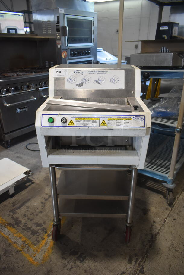 Oliver 732-R Metal Commercial Countertop Bread Loaf Slicer on Equipment Stand w/ Commercial Casters. 115 Volts, 1 Phase. Tested and Working! - Image 1 of 7