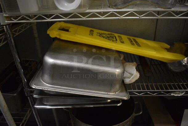 Chrome Finish 4 Tier Shelving Unit w/ Contents Including Poly Containers, Stainless Steel Bins and Stock Pot. 48x18x74. BUYER MUST REMOVE. BUYER MUST DISMANTLE. PCI CANNOT DISMANTLE FOR SHIPPING. PLEASE CONSIDER FREIGHT CHARGES. (kitchen) - Image 7 of 12