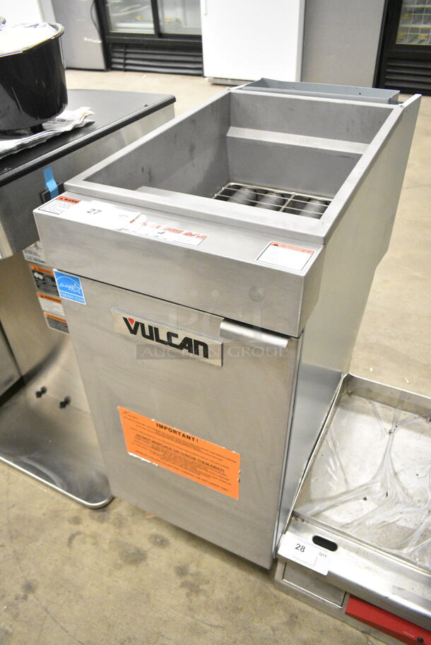 BRAND NEW SCRATCH AND DENT! Vulcan 1VEG50M-1 Stainless Steel Commercial Floor Style Natural Gas Powered Deep Fat Fryer. Missing Back Piece. 85,000 BTU  - Image 3 of 7