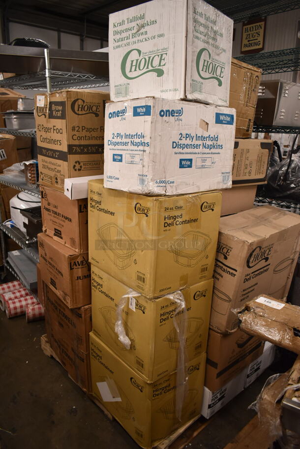 PALLET LOT of 26 BRAND NEW Boxes Including 966TALLFLDN Choice Kraft Natural Tall-Fold 6" x 13" Dispenser Napkin - 8000/Case, 966UDEB oneUp Napkins, 3 Boxes 127CH24 Choice 24 oz. Clear RPET Hinged Deli Container - 200/Case, 795PTOKFT2 Choice 7 3/4" x 5 1/2" x 2" Kraft Microwavable Folded Paper #2 Take-Out Container - 200/Case, 4 Box Lavex Jumbo Toilet Paper, Acopa Pepper Mill, 500TW16 Choice 16 oz. Translucent Tall Thin Wall Plastic Cold Cup - 1000/Case, 2 Box 1504381M Carnival King 6" x 3/4" x 6 1/2" Large Foil Hamburger / Sandwich Bag - 1000/Case. 26 Times Your Bid! - Image 2 of 11