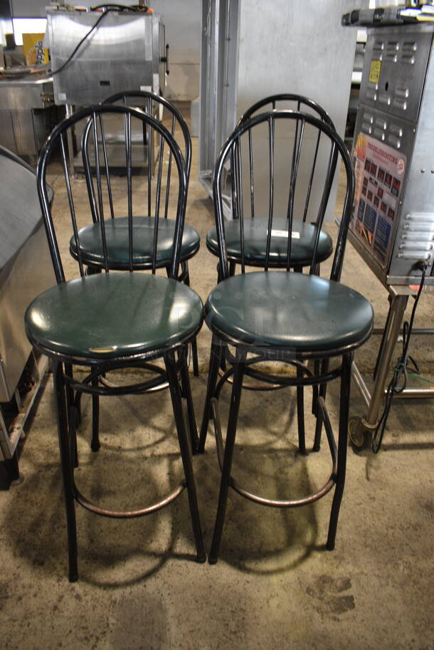 4 Vertical Slat Black Bar Stools With Green Cushioned Seat. Cosmetic Conditions May Vary. 4 Times Your Bid! 
