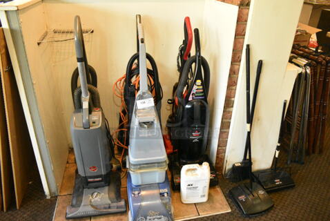 9 Various Items Including 6 Vacuum Cleaners, 2 Manual Sweepers and 1 Broom. 9 Times Your Bid! This Unit Was In Working Condition When the Restaurant Closed. (booth room) 