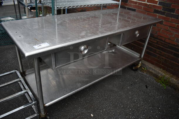 Stainless Steel Table w/ 2 Drawers and Under Shelf on Commercial Casters. 72x30x36